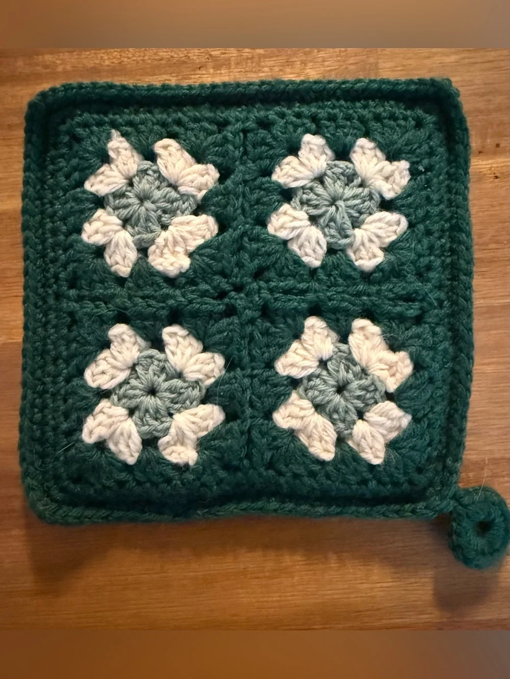 Handmade Crocheted Granny Square Pot Holder in Deep Teal Green and Cream
